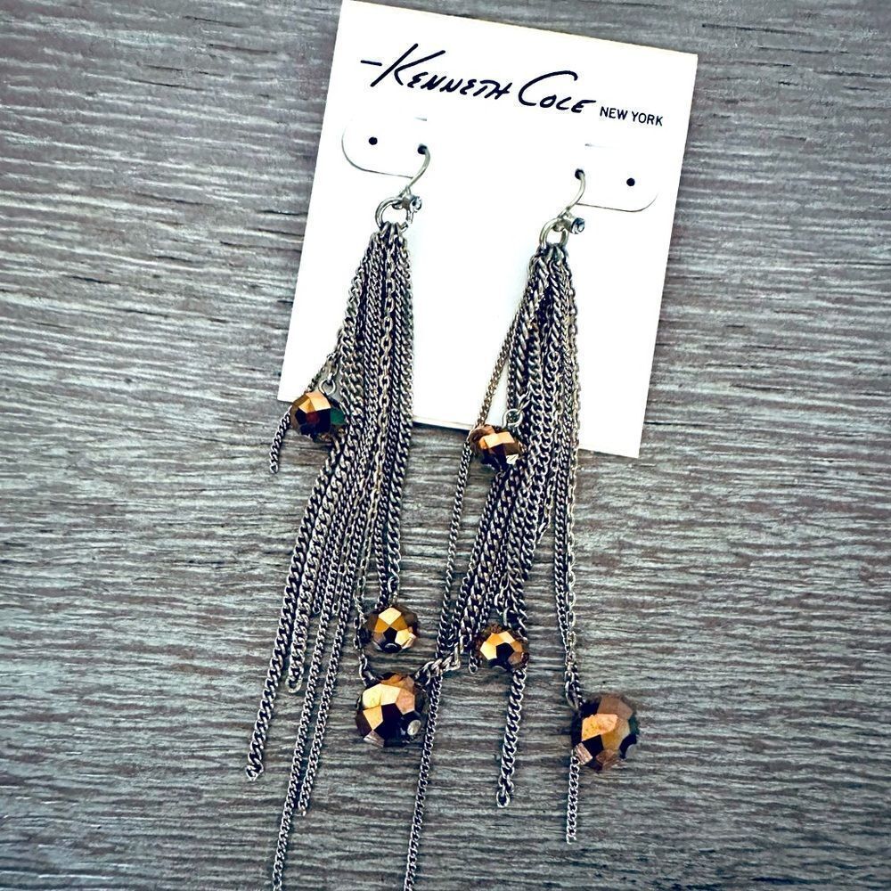 Kenneth Cole Brown Gold Waterfall Chain Bead Earrings
